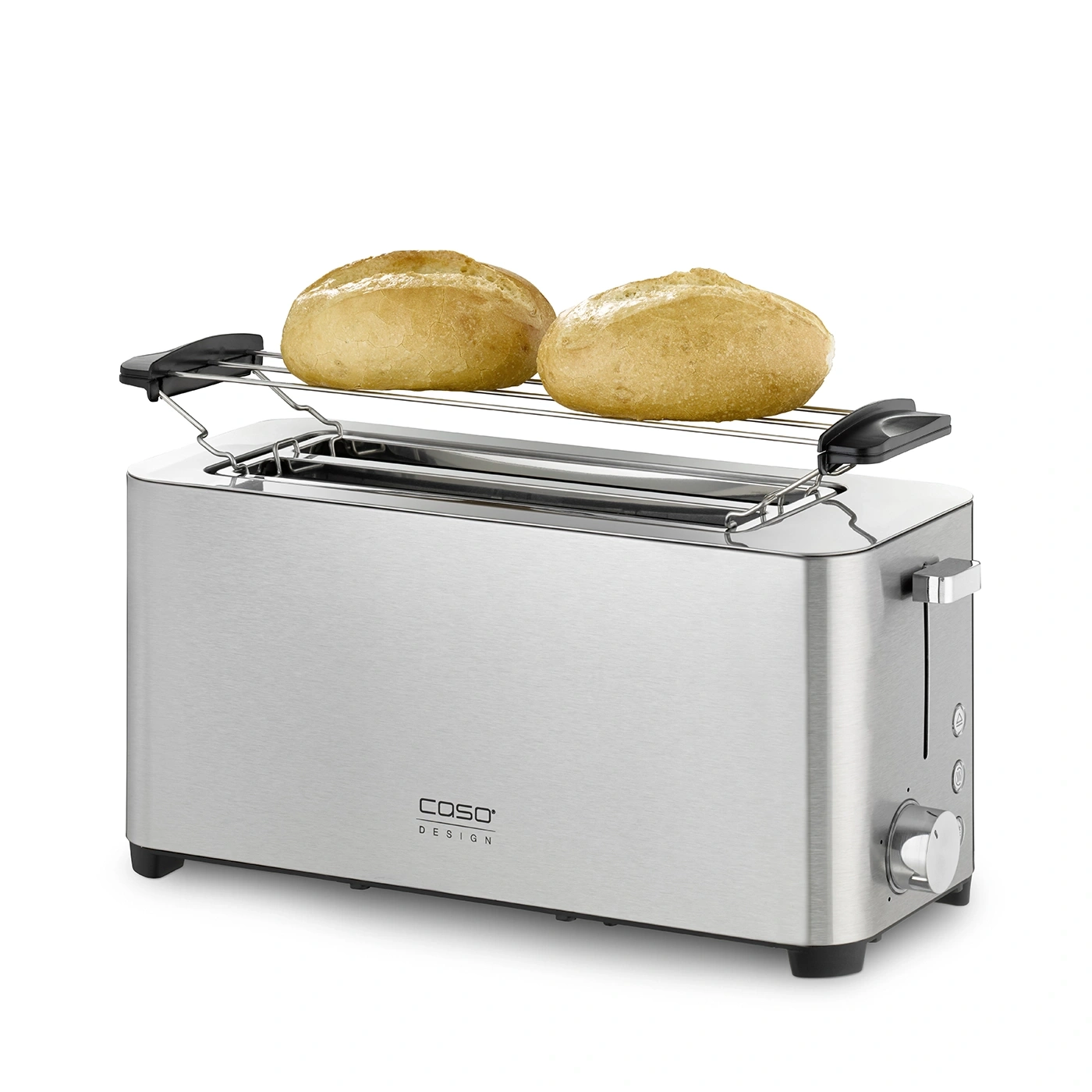 Toaster mit Brötchen. Edelstahl-Toaster mit zwei Brötchen auf dem Rost.