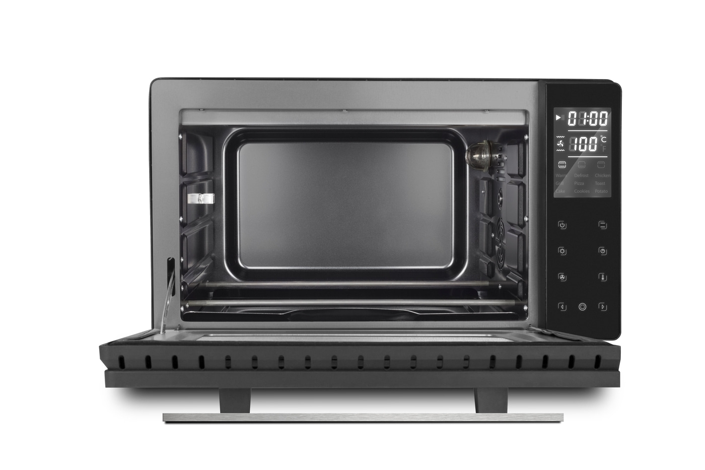 Offener Ofen mit digitaler Anzeige, Temperatur und Kochfunktionen.