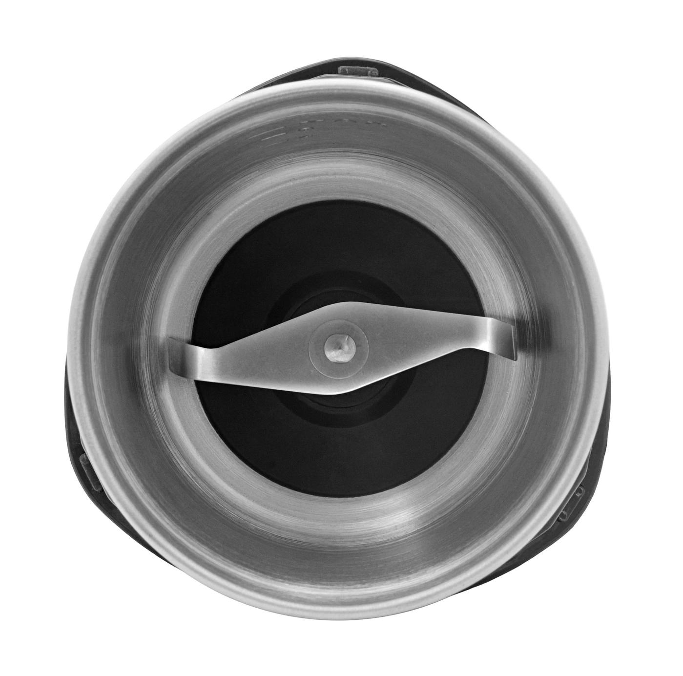 Nahaufnahme eines Kaffeemahlers mit Klinge und Innenraum aus Metall.