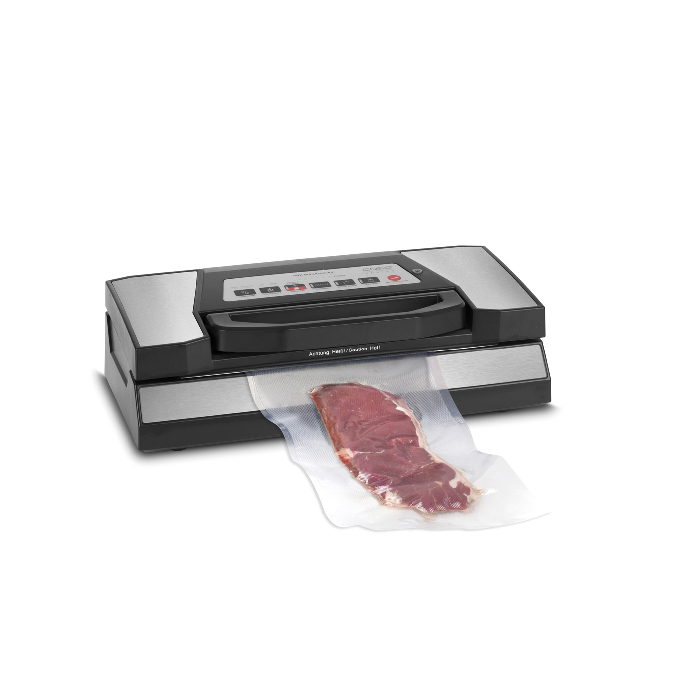 Vakuumiergerät mit Fleisch in einer Plastiktüte. Caso-Marke.