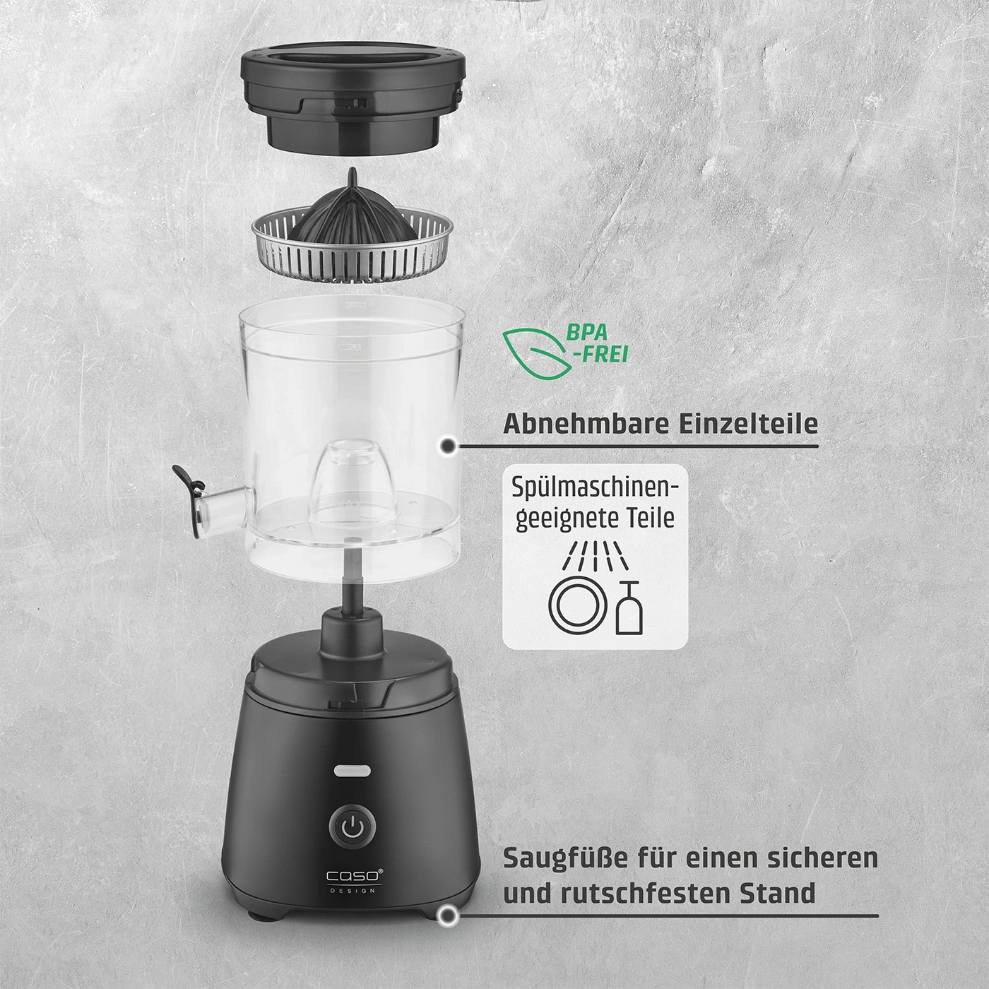 Presse-agrumes, sans BPA, pièces amovibles, lavable au lave-vaisselle, support sûr, Caso Design