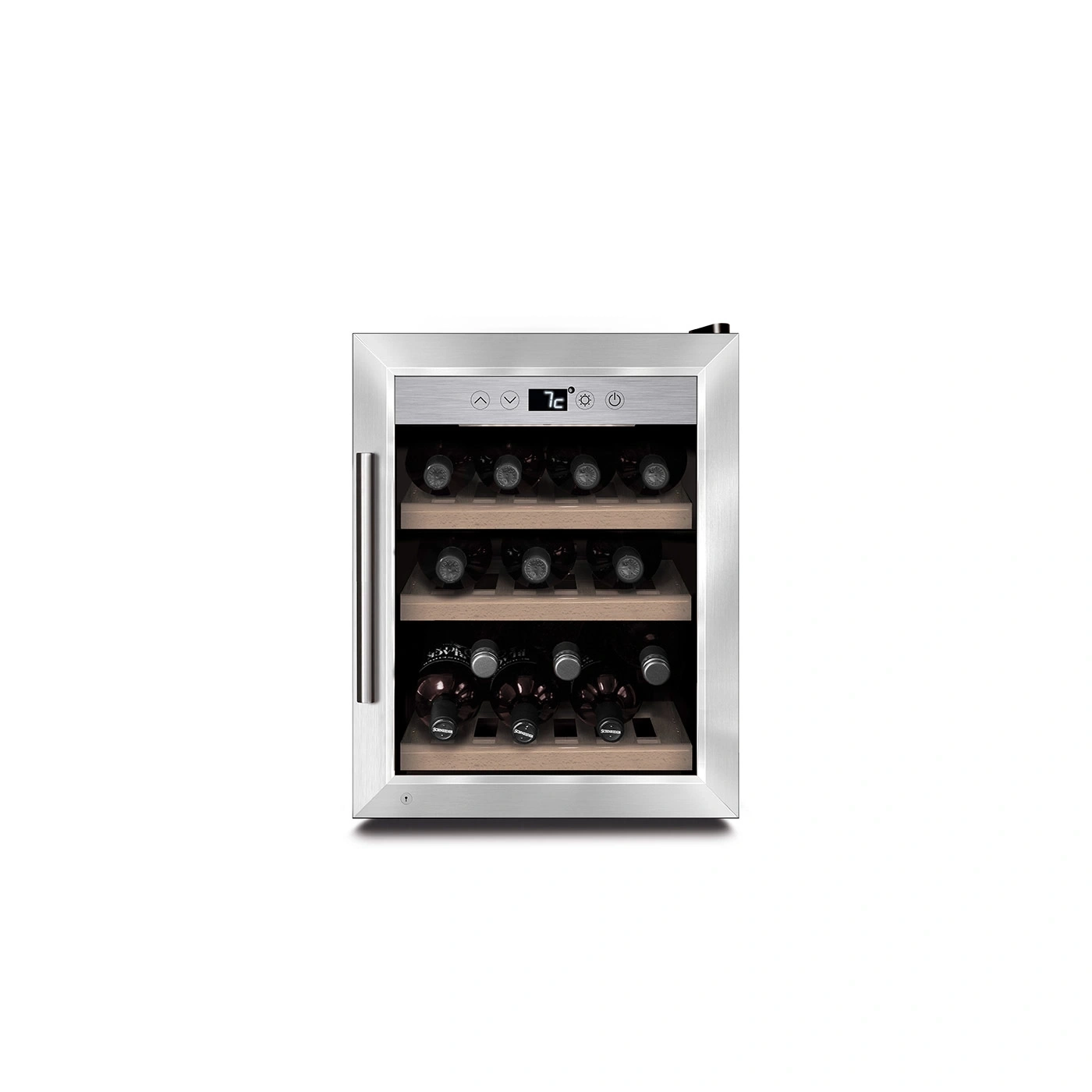 Ein moderner Weinkühlschrank mit Glastür und Holzböden.
