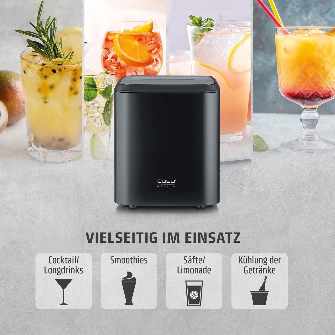 Ein schwarzer Eiswürfelbereiter mit vier Icons für Cocktails, Smoothies, Limonaden und Getränkekühlung.