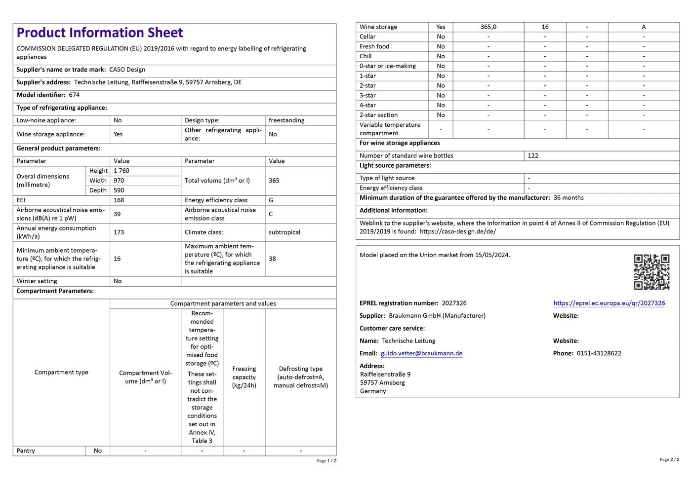 Product data sheet for a refrigerator: energy efficiency, dimensions, wine storage, technical details.