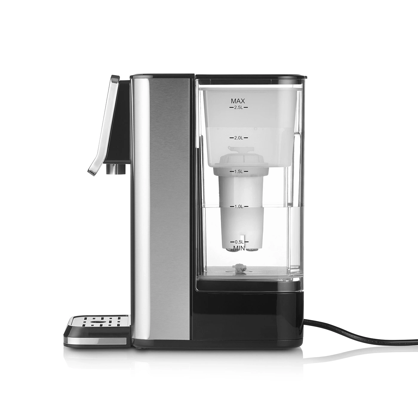 A water dispenser with a clear tank and measurement markings.