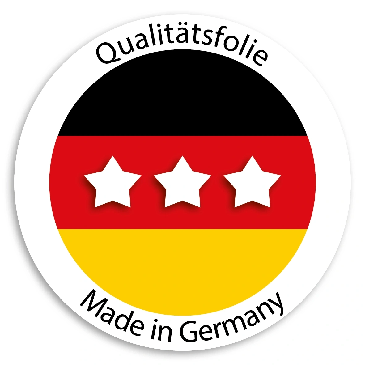 Qualitätsfolie Made in Germany mit drei Sternen auf deutscher Flagge