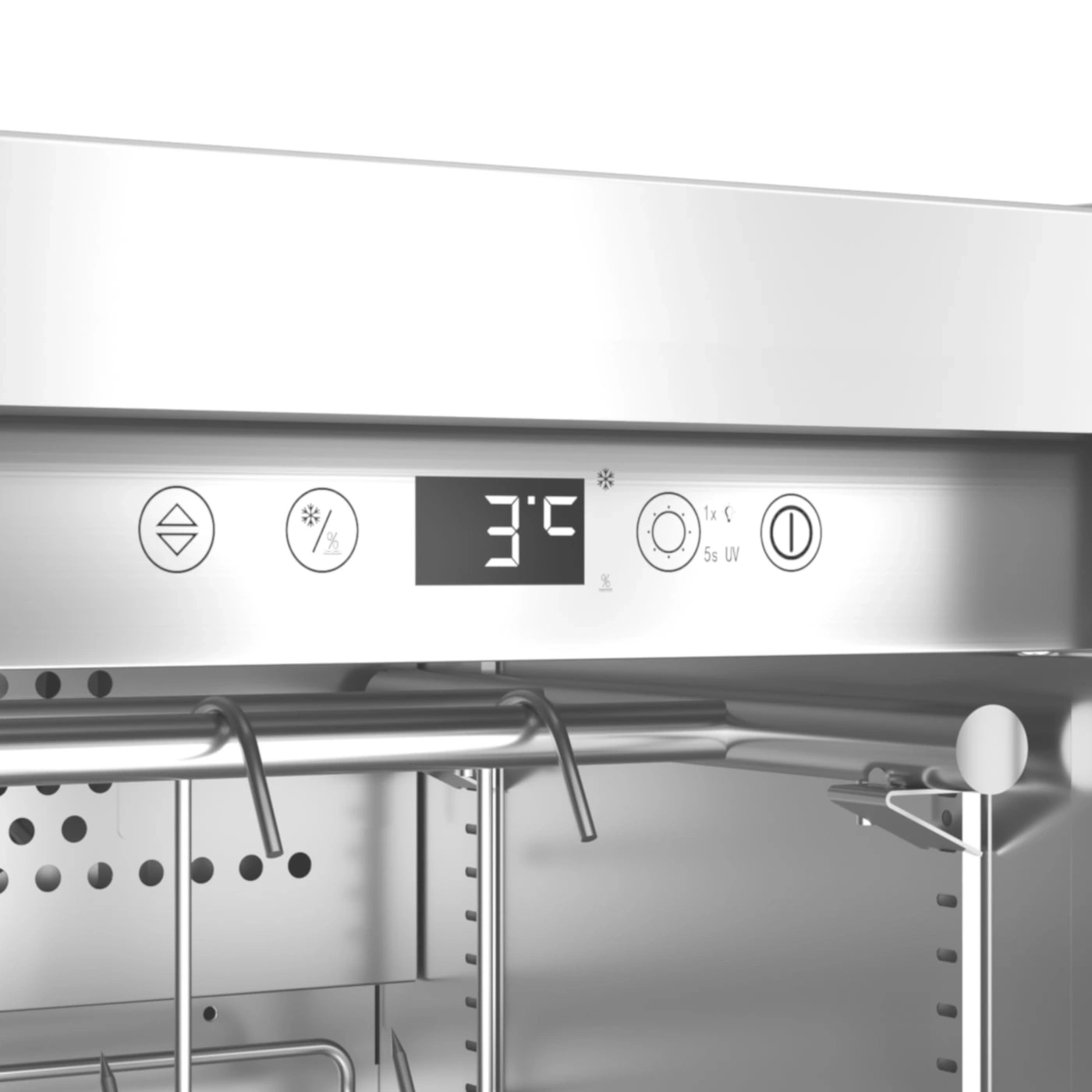 Appareil en acier inoxydable avec affichage de la température et éléments de commande.