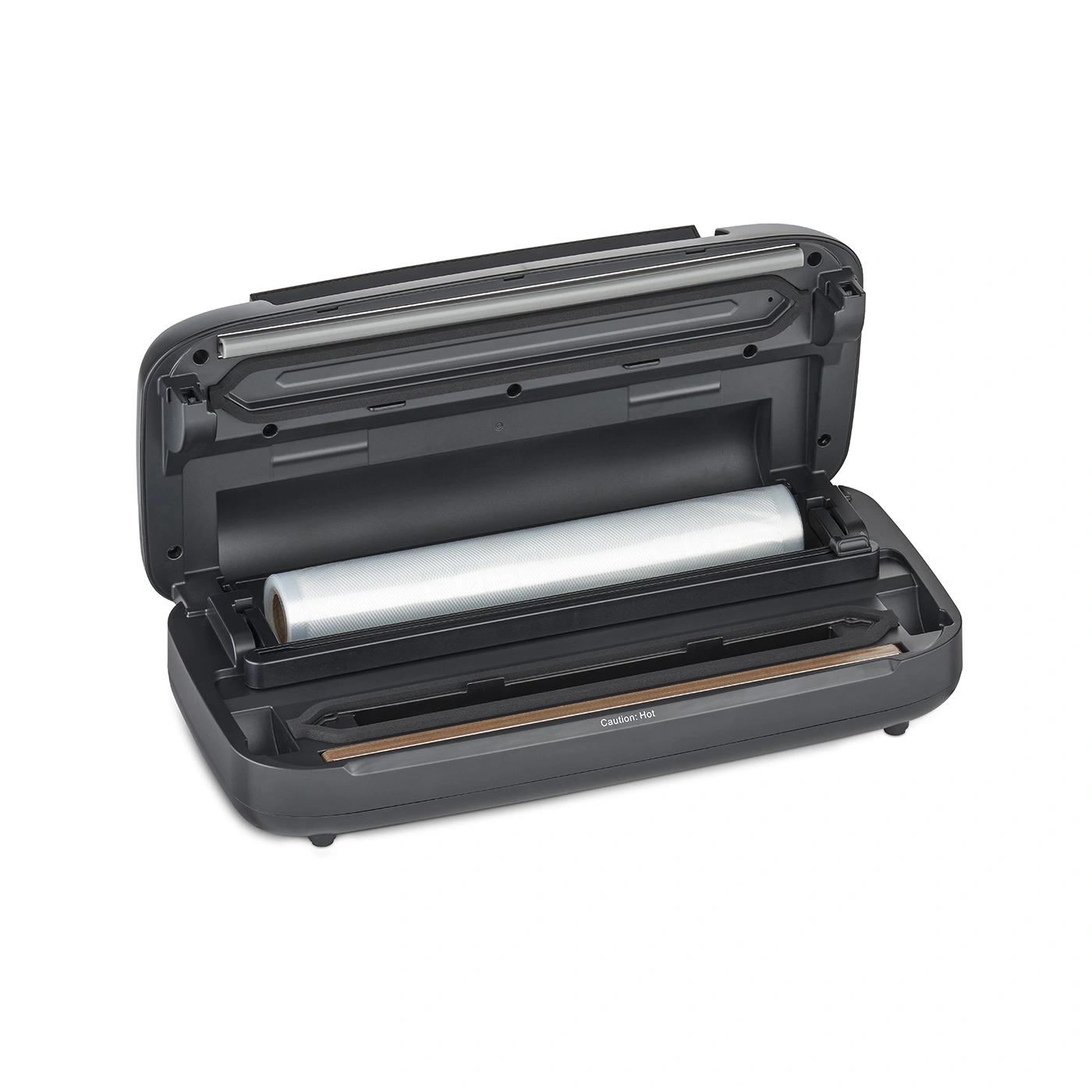 Vacuum sealer with open lid and a roll of plastic wrap inside