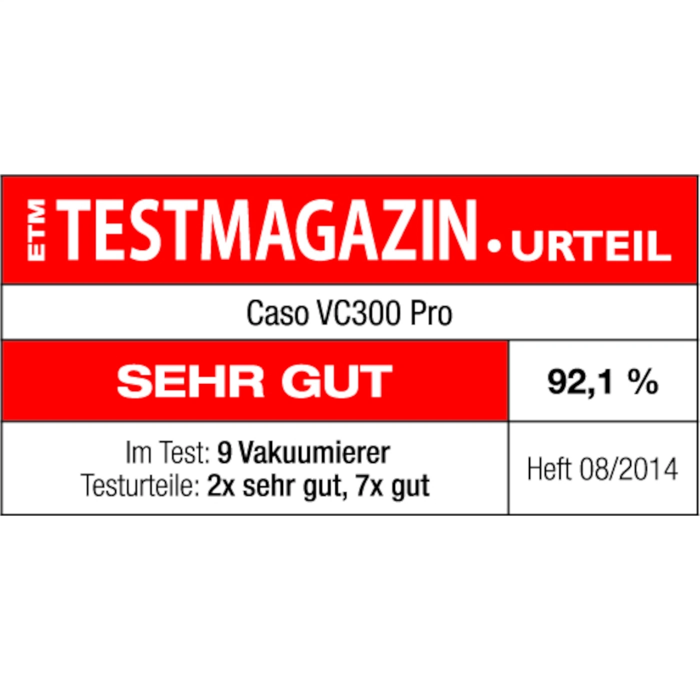 Test magazine verdict: Caso VC300 Pro, VERY GOOD, 92.1%, issue 08/2014, 9 vacuum sealers tested.