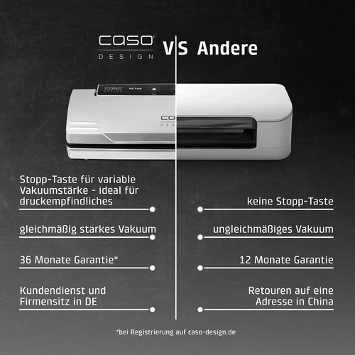 Comparaison: Scelleuse sous vide Caso vs. autres appareils, fonctions et garantie.