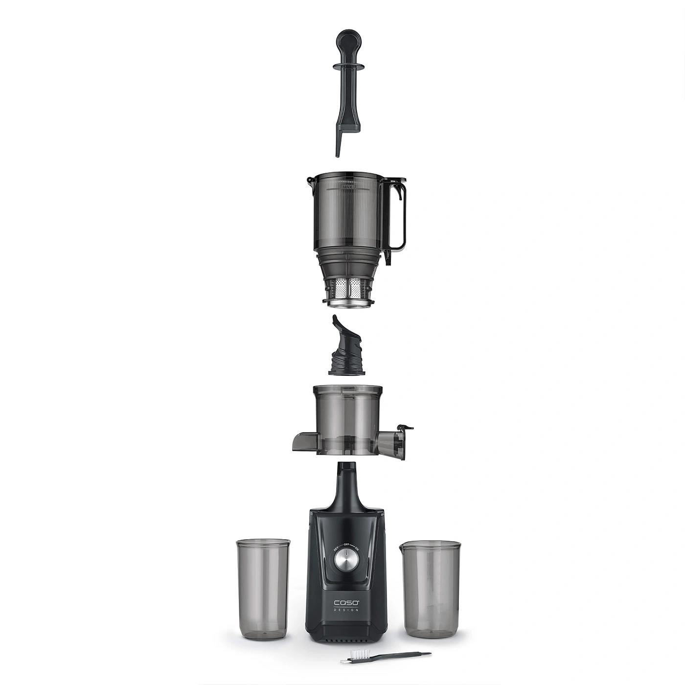 Disassembled juicer with parts and accessories, black.