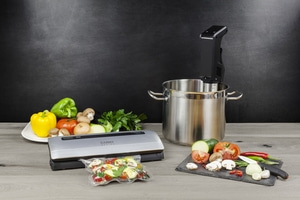 Légumes, scelleuse sous vide, pot, sous vide, cuisine, nourriture, ingrédients, préparation, cuisson, ustensiles