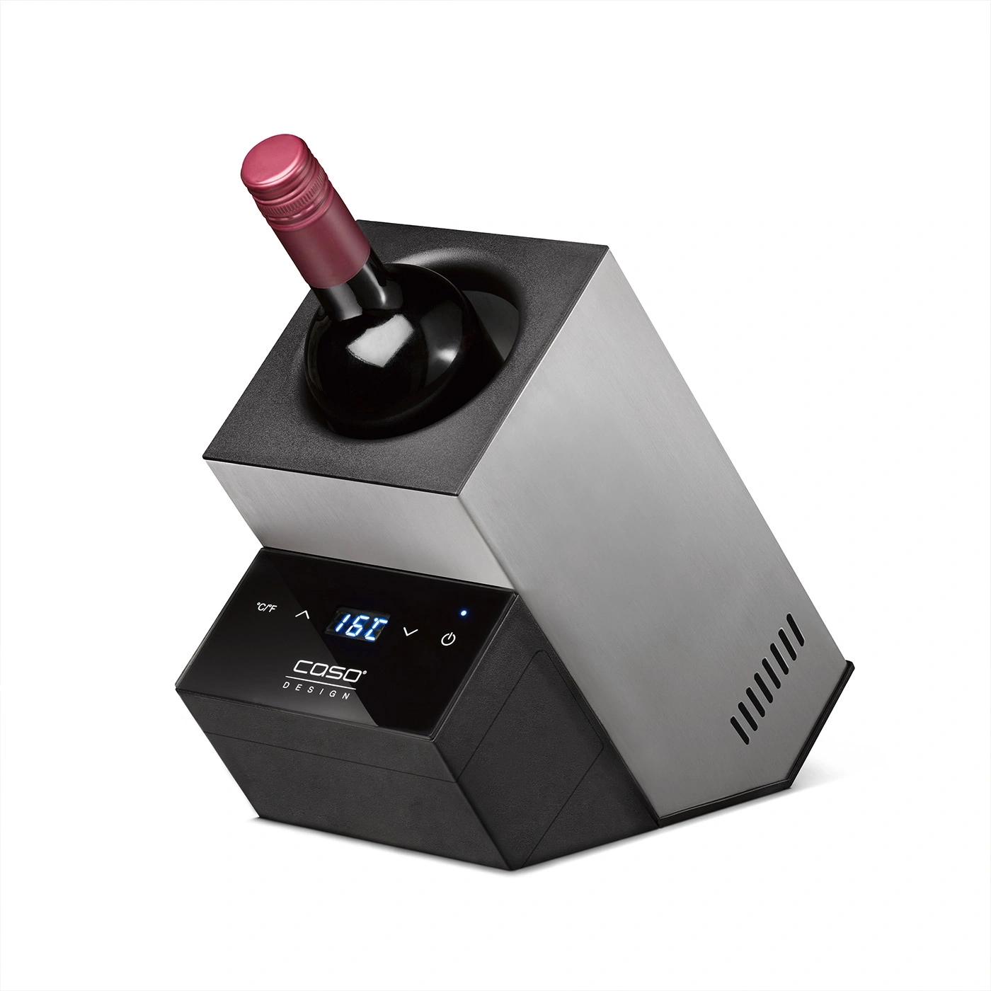 Ein Weinkühler mit einer Flasche Rotwein und digitaler Temperaturanzeige.