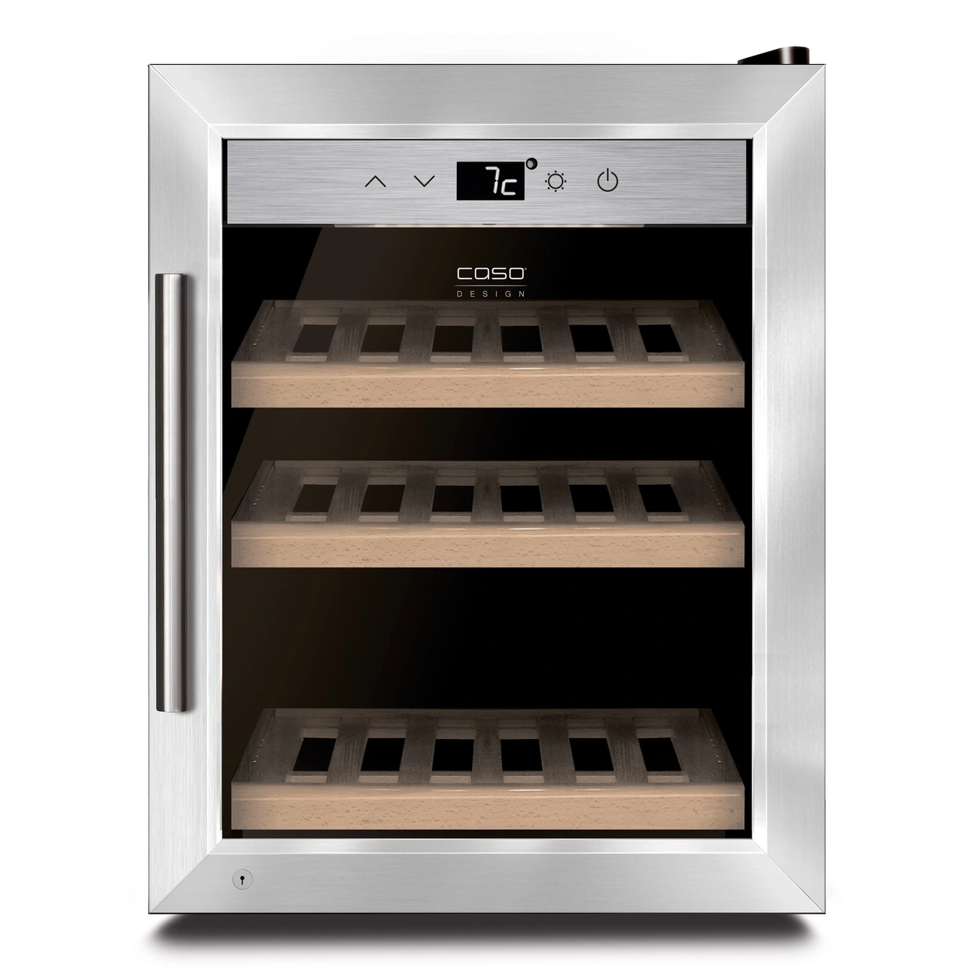 Weinkühlschrank mit Temperaturanzeige und Holzregalen für die Lagerung von Wein