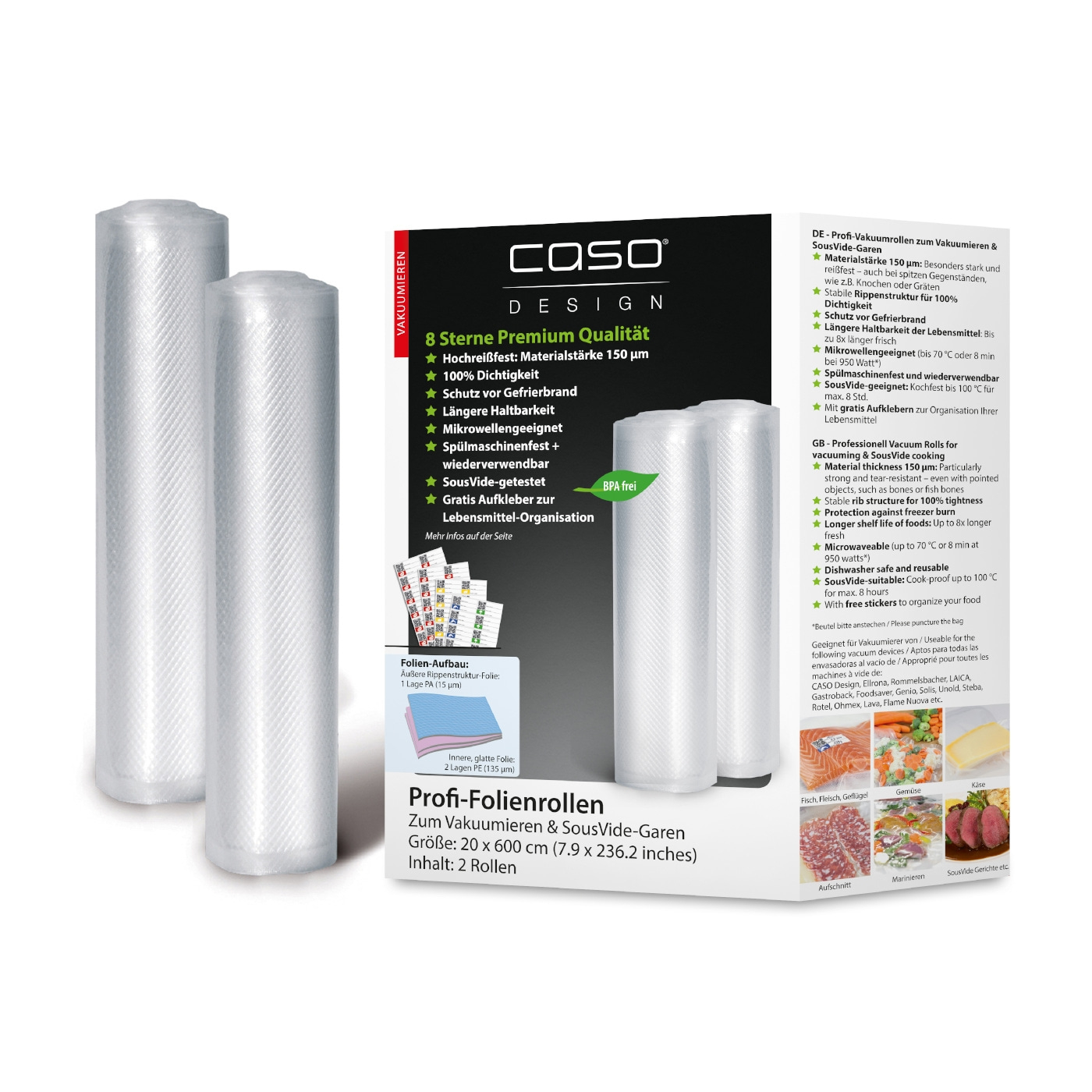 Rouleaux sous vide CASO, 150µm, SousVide, 2 rouleaux, organisation alimentaire, sans BPA