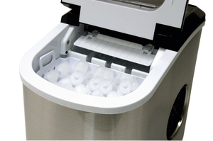 Ice maker with ice cubes, open, ready to use, stainless steel appliance