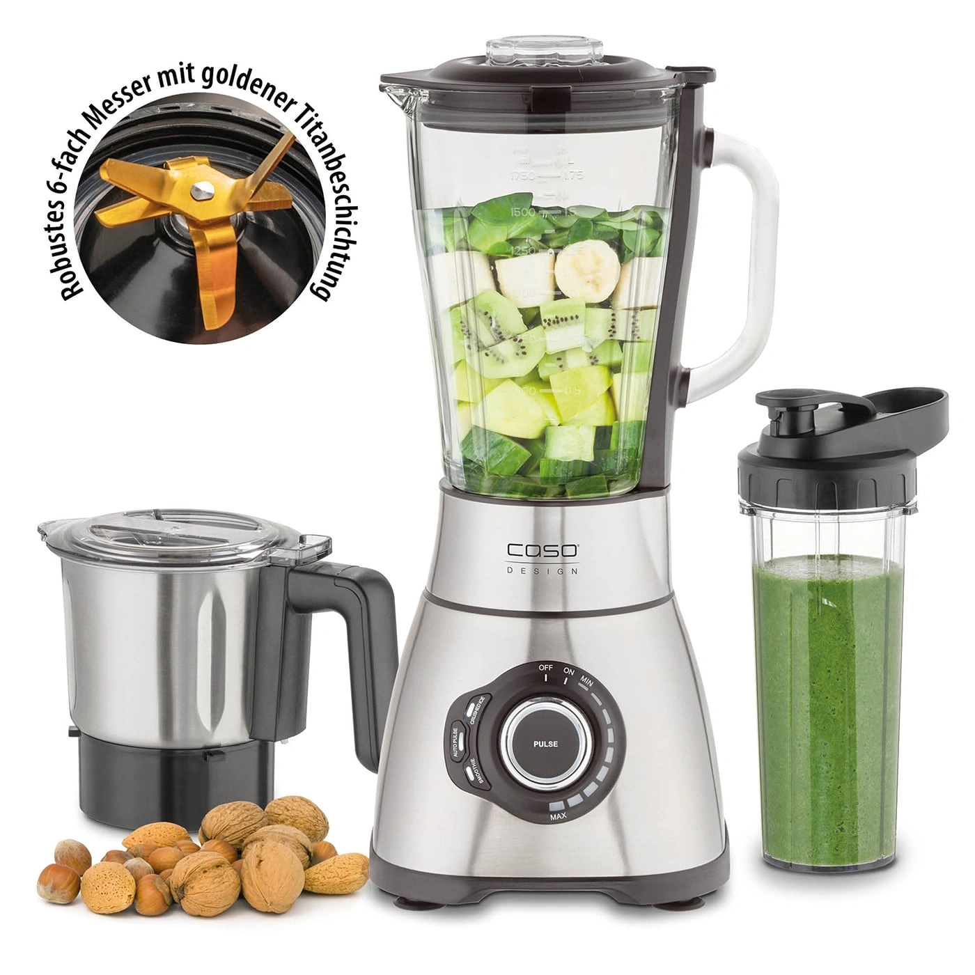 Blender Caso Design avec fonction smoothie, acier inoxydable, accessoires, ingrédients, lames dorées.