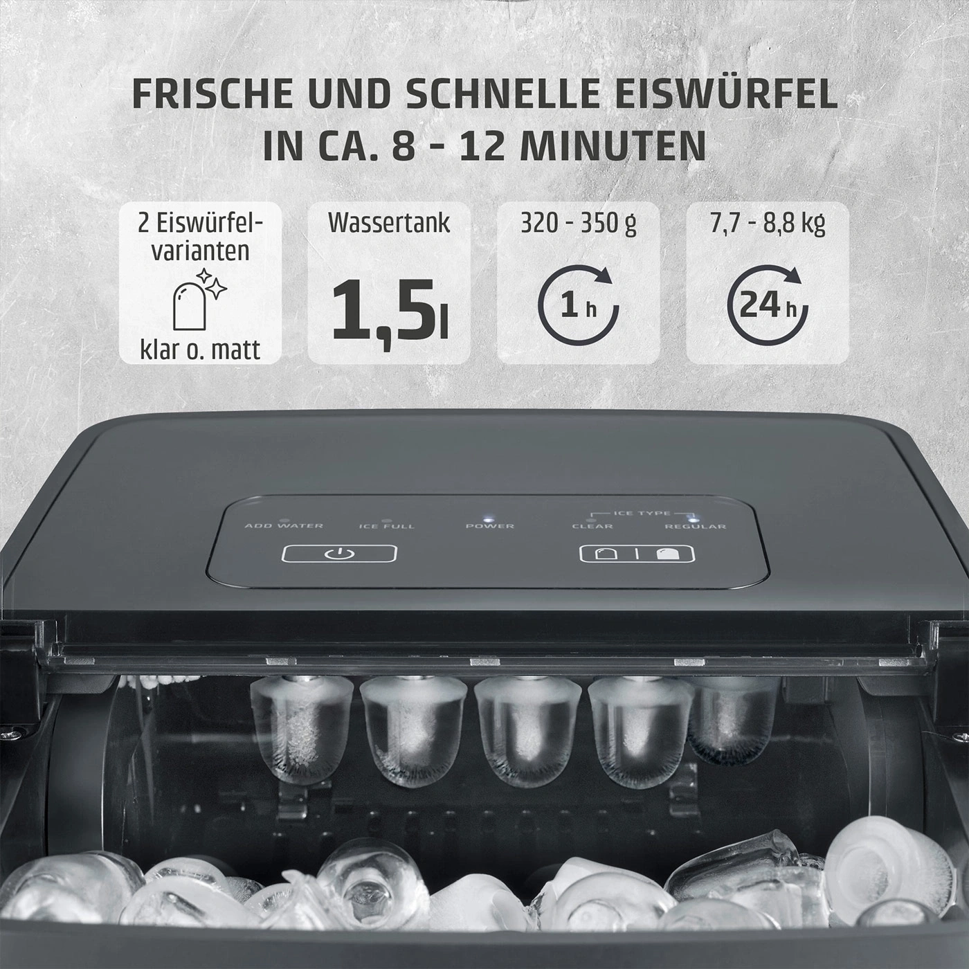 Eiswürfelmaschine mit klaren und matten Eiswürfeln, 1,5l Wassertank.