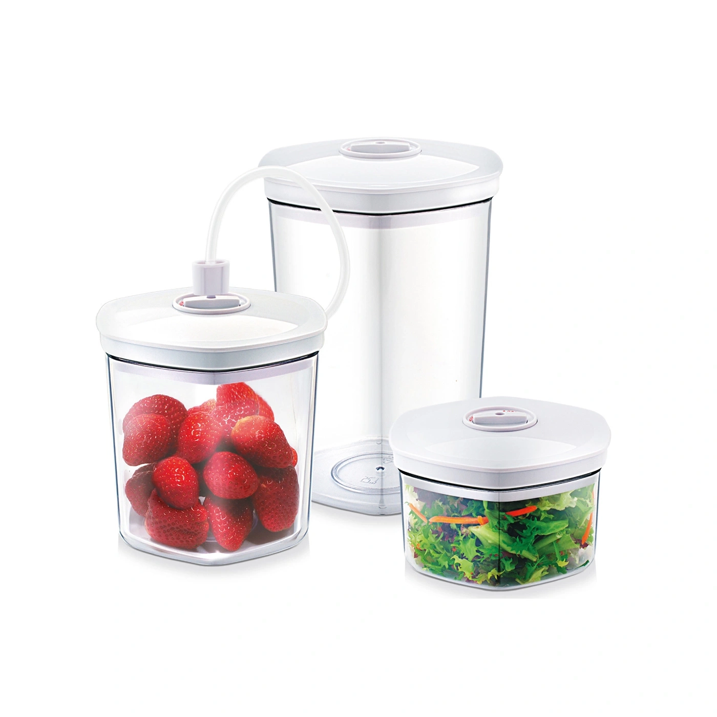 Drei Vakuumbehälter mit Erdbeeren und Salat