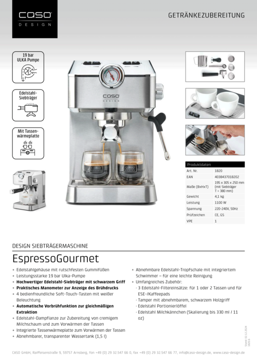 CASO Espresso Gourmet Design Siebträgermaschine