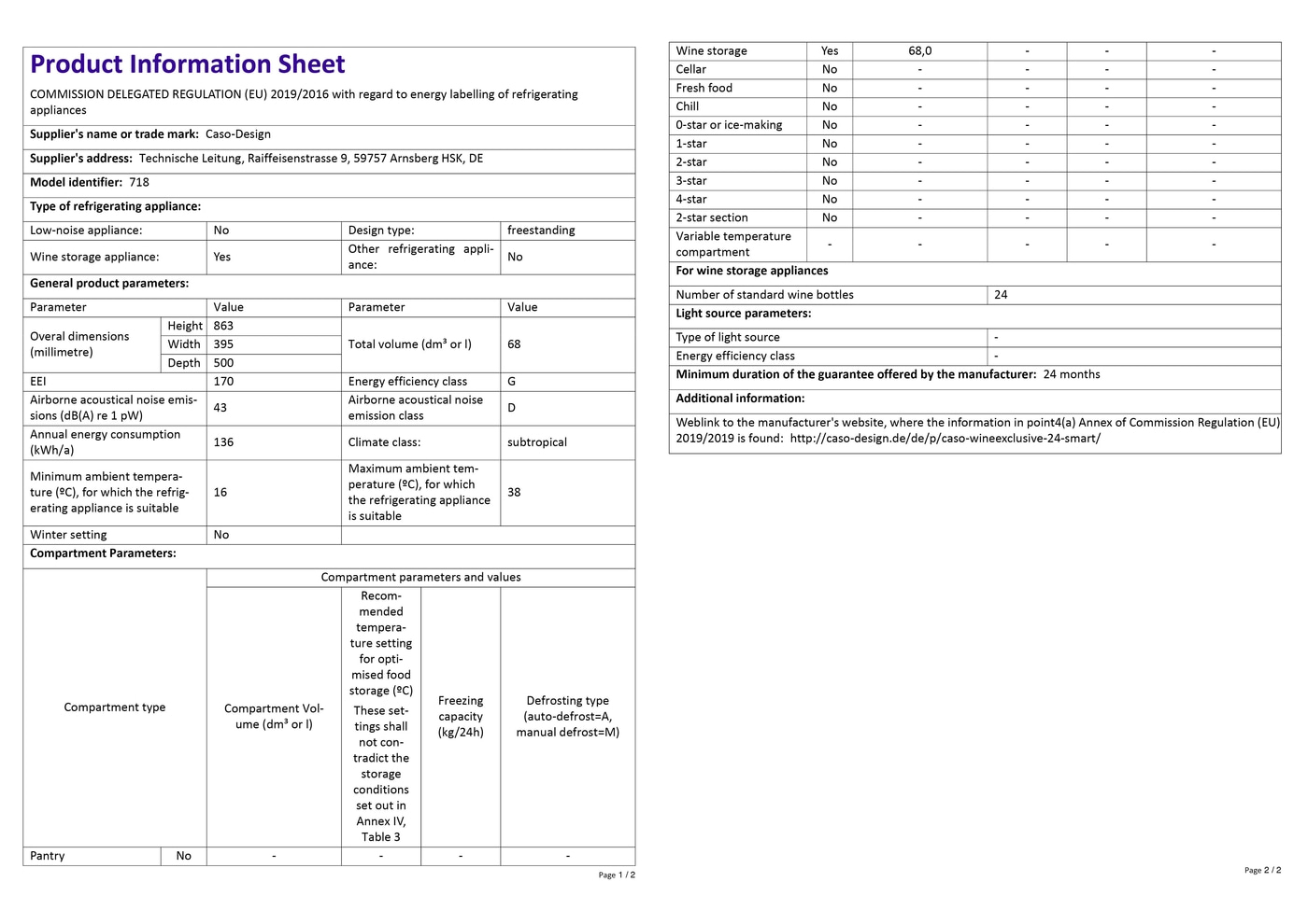 Product data sheet Caso-Design refrigerator wine storage compartment energy efficiency class G