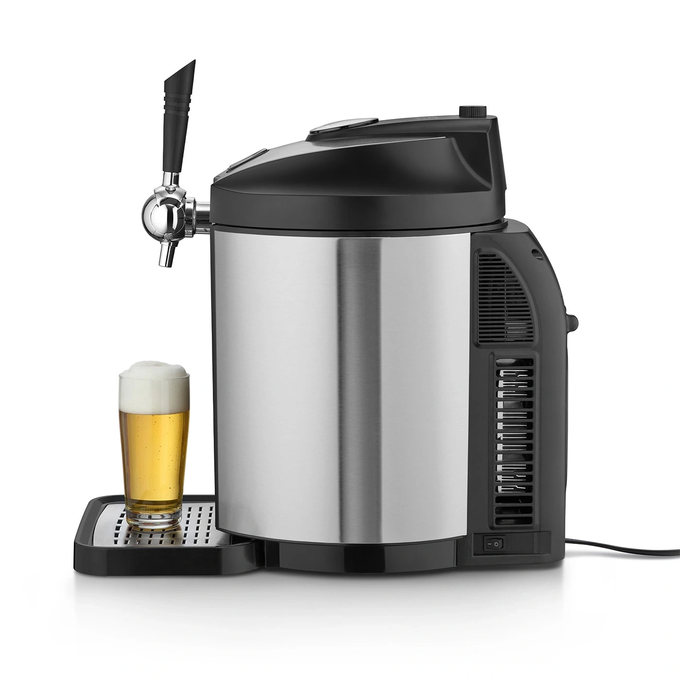 Beer cooler with tap and a glass of beer on a tray, stainless steel.