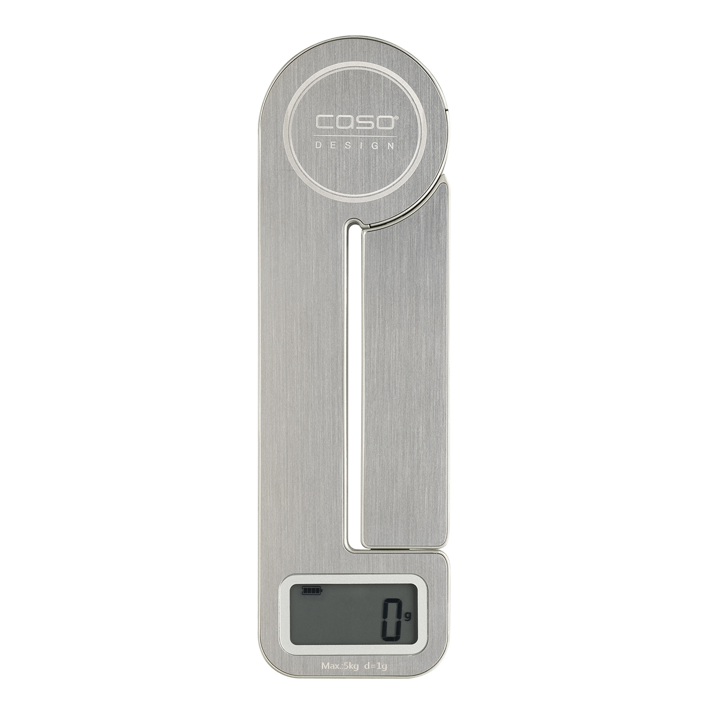 Silver kitchen scale with digital display, COSO Design, showing 0 g weight