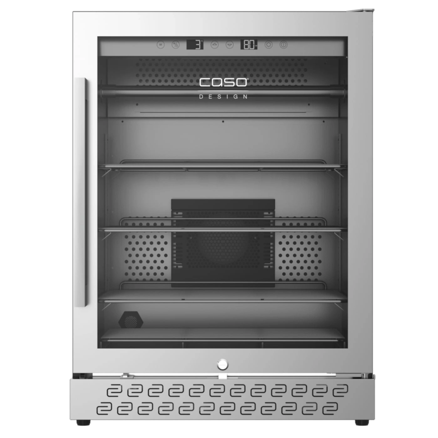 Kühlschrank mit Glasfront, Edelstahl, Caso Design, Temperaturanzeige, Regale