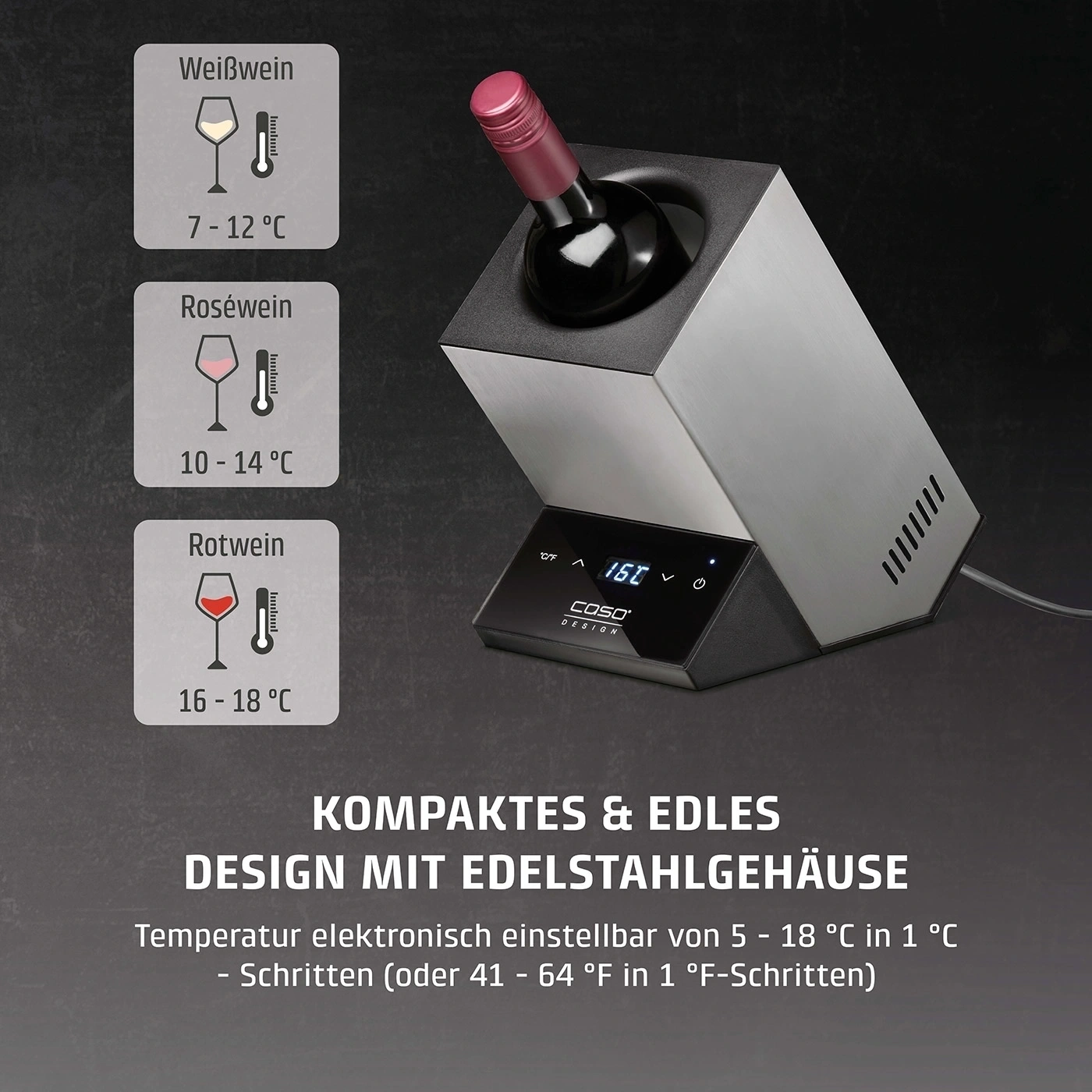 Refroidisseur de vin avec affichage de la température et réglages pour vin blanc, vin rosé et vin rouge.
