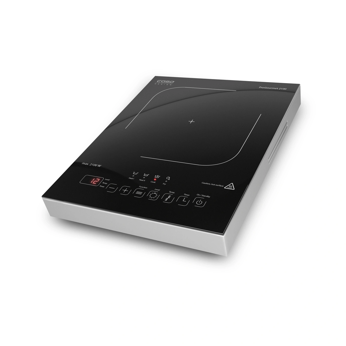 Table de cuisson à induction Caso ProGourmet 2100 noire avec panneau de commande et fonctions.