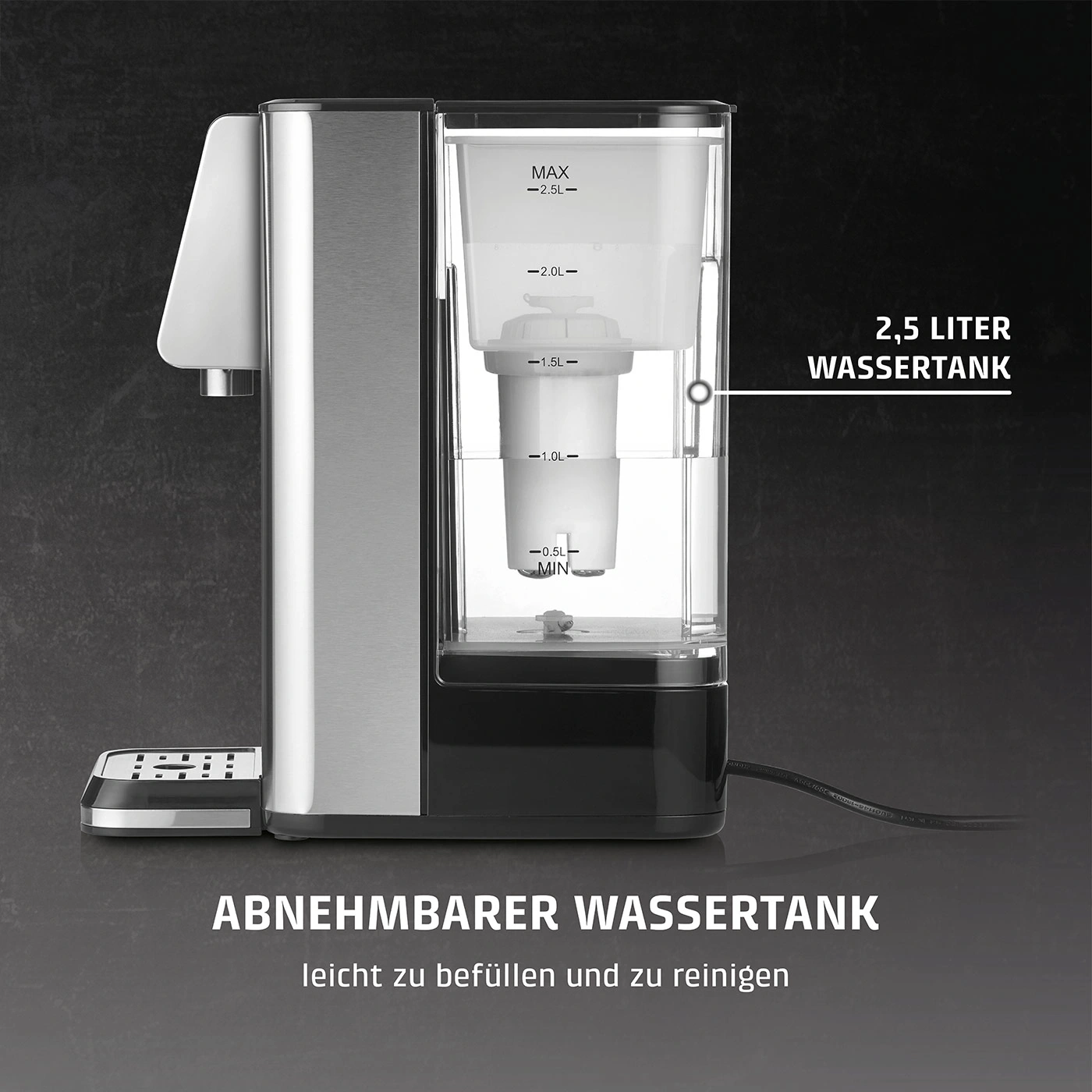 Water tank with level indicator and labeling