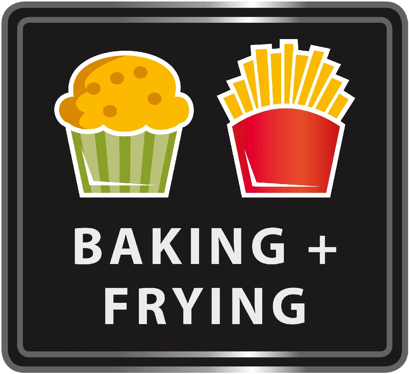 Logo mit Backen und Braten, Muffin und Pommes, schwarzer Hintergrund, weißer Text