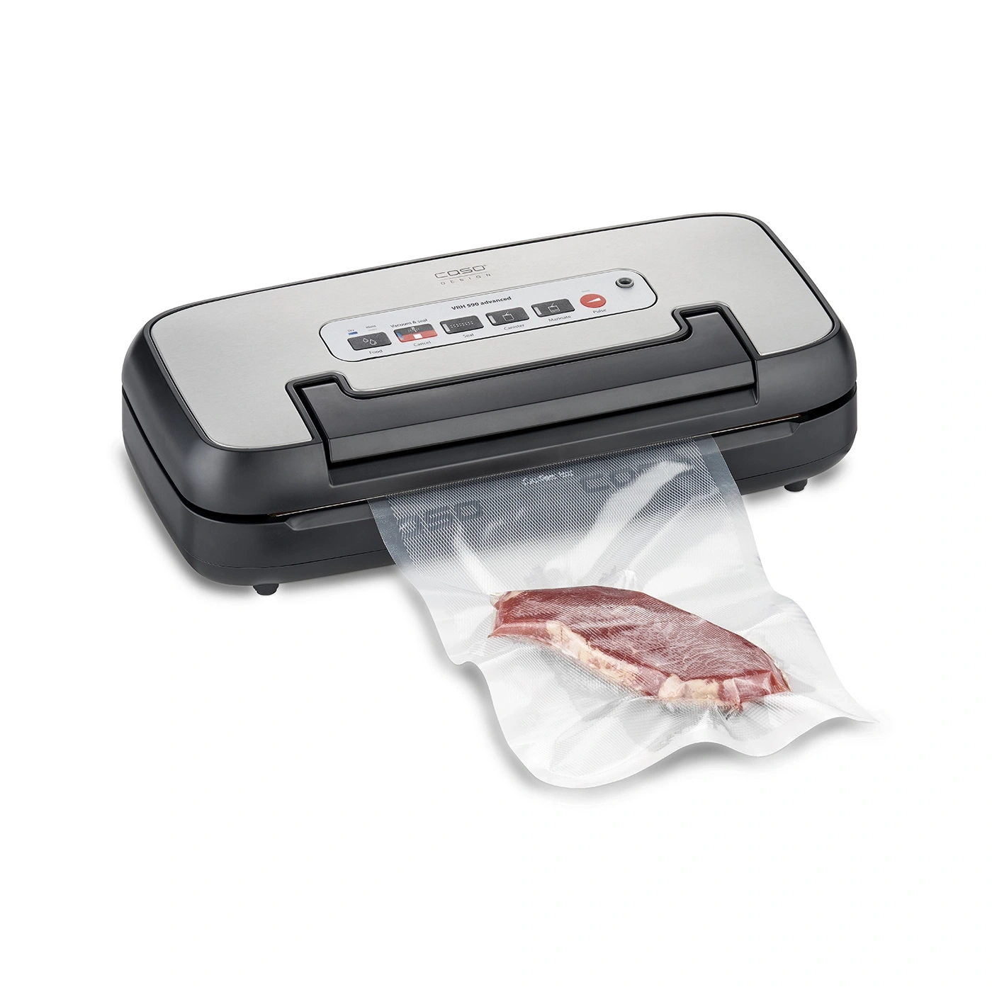 Vacuum sealer with meat in a bag, ready for vacuum sealing process.