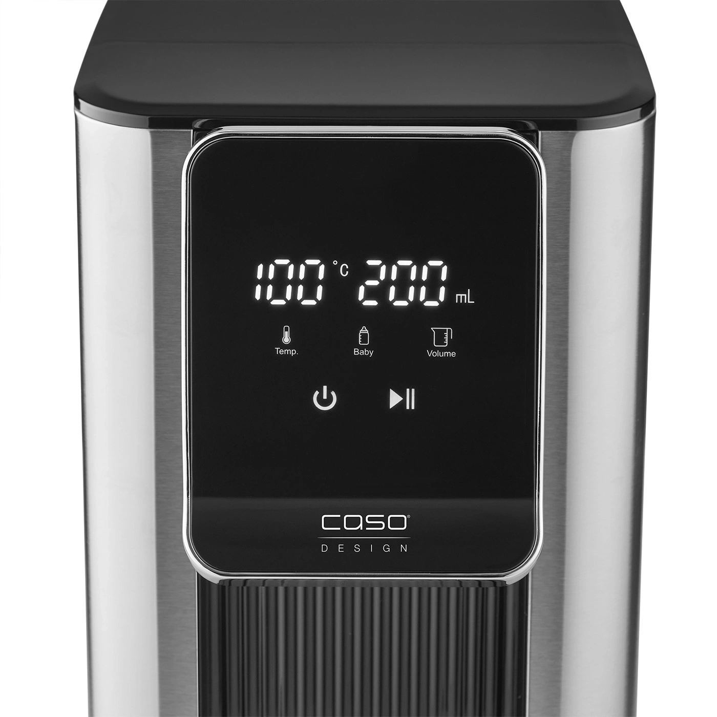 A modern water kettle with a digital display for temperature and volume.