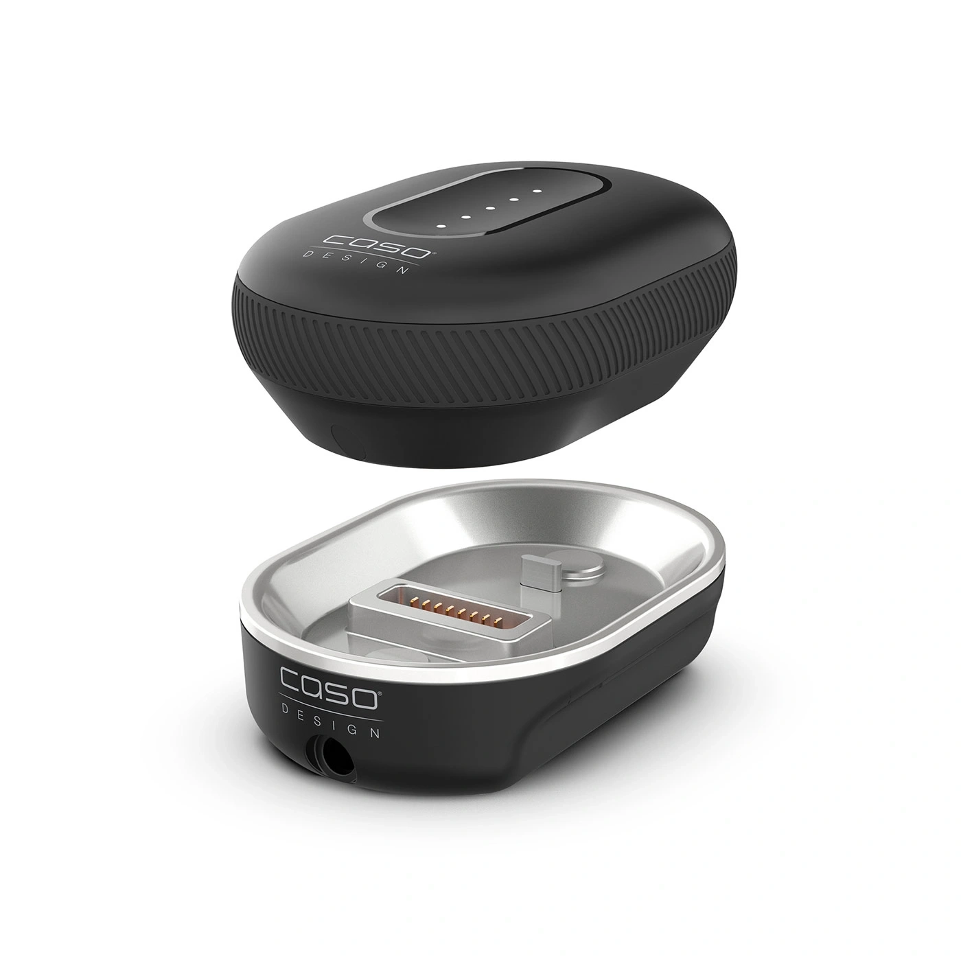 Chargeur noir avec intérieur argenté et logo Caso Design, séparé.