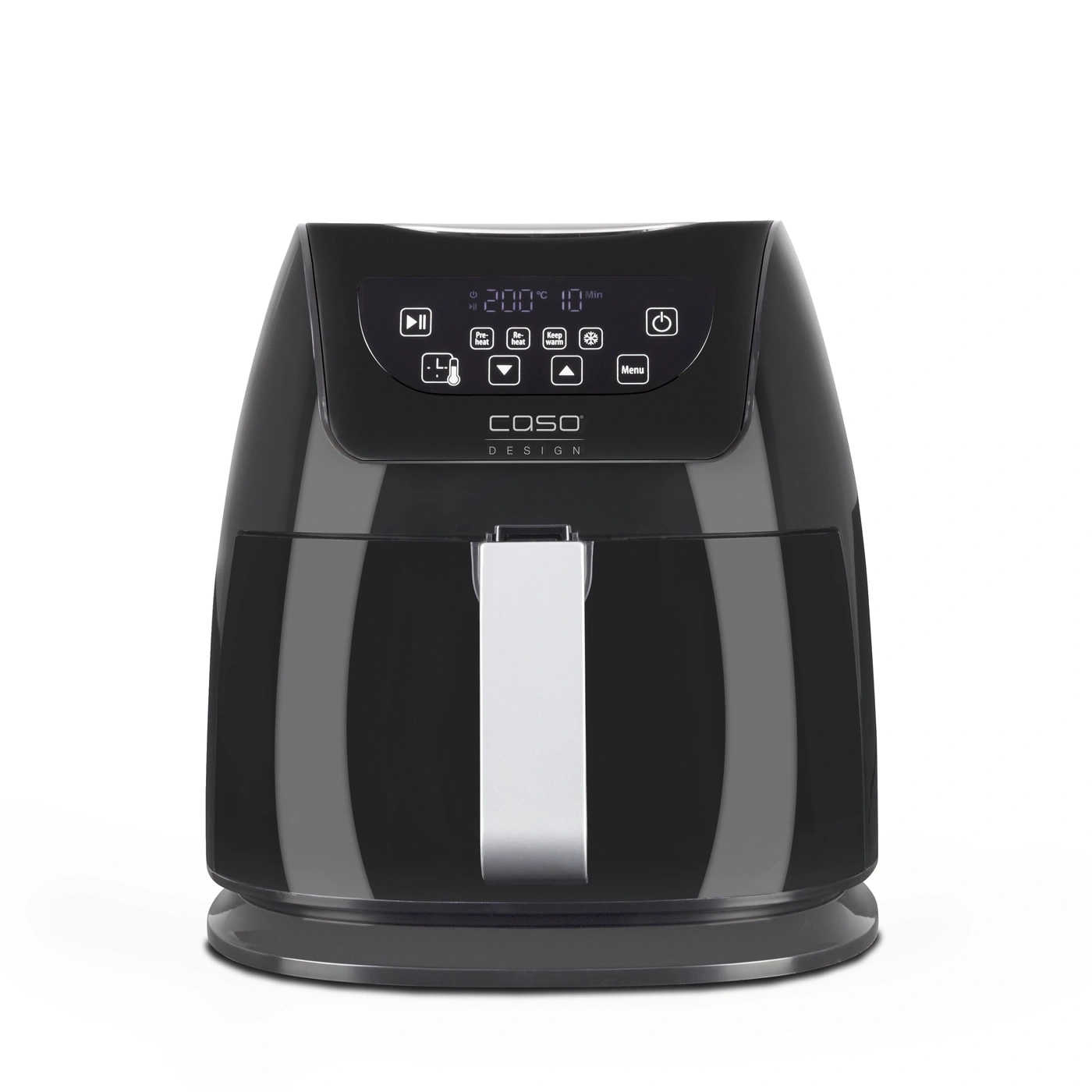 Schwarze Heißluftfritteuse mit digitalem Display und Bedienfeld, Caso Design.