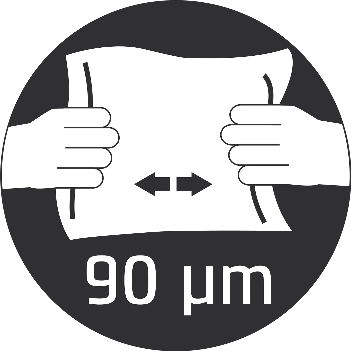 Symbole montrant des mains étirant un matériau, avec le texte 90 µm indiquant une mesure.
