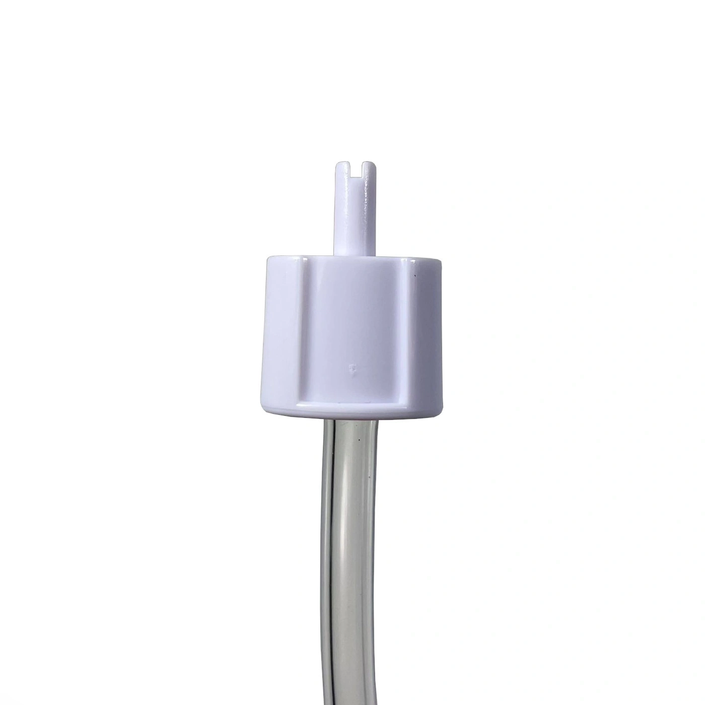 White plastic cap with tube, close-up, isolated on white background