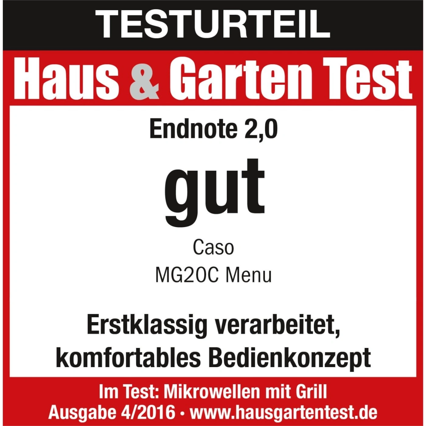 Résultat du test Haus & Garten Test, note 2,0, bon, Caso MG20C Menu, traitement excellent
