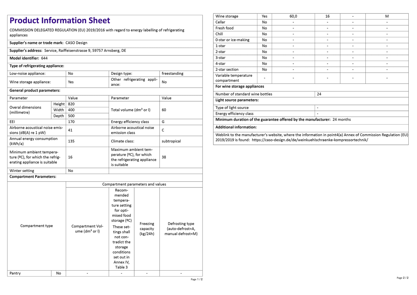 Product data sheet with technical specifications for cooling appliances from CASO Design.