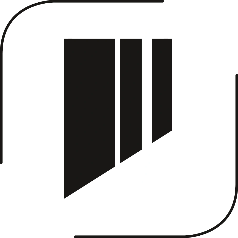 Black graphic with three vertical bars and rounded corners, minimalist design.