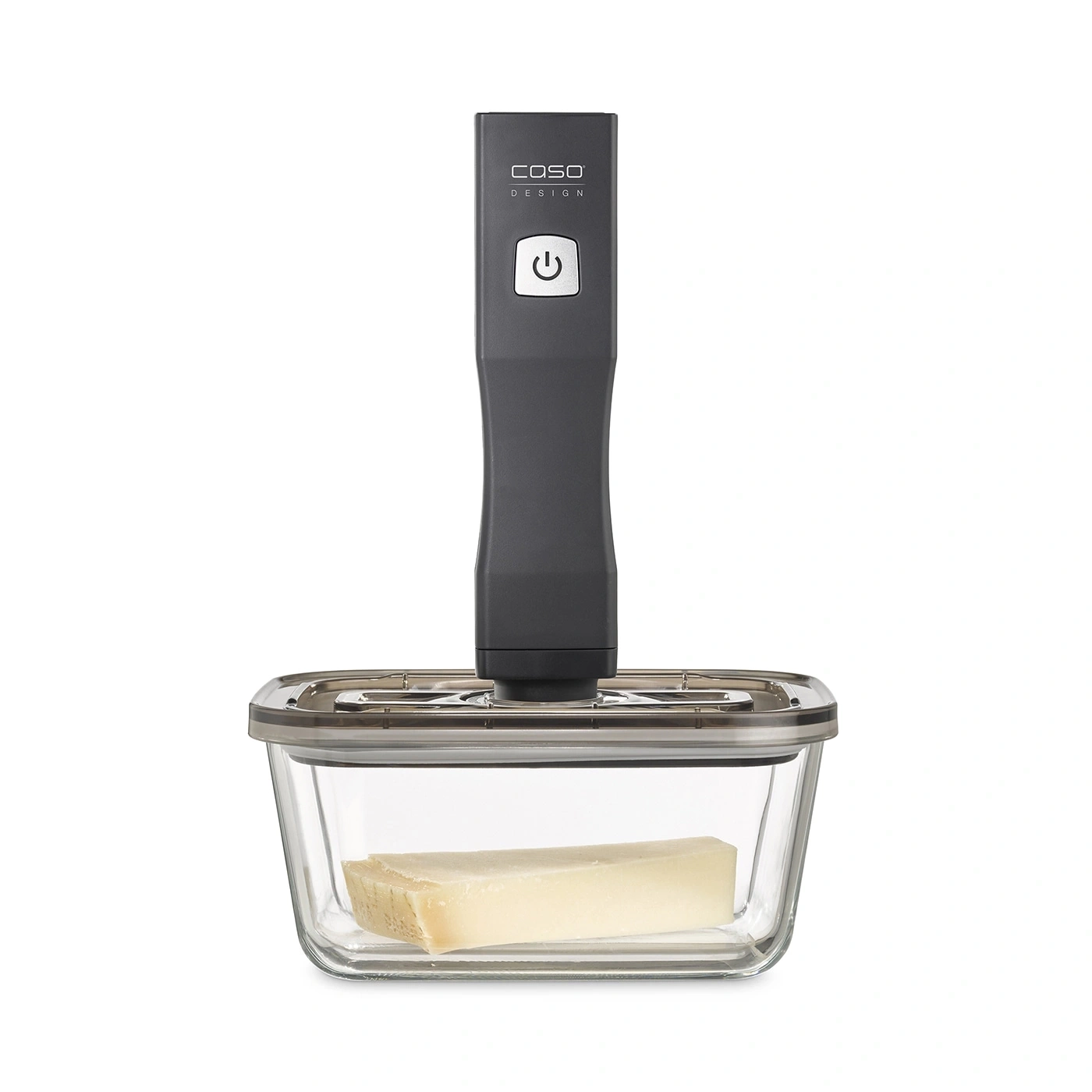 Vacuum sealer with glass container and cheese. Caso Design. Power button.