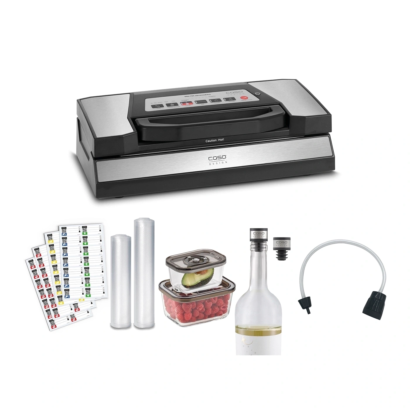 Scelleuse sous vide avec accessoires, nourriture et bouchon de bouteille