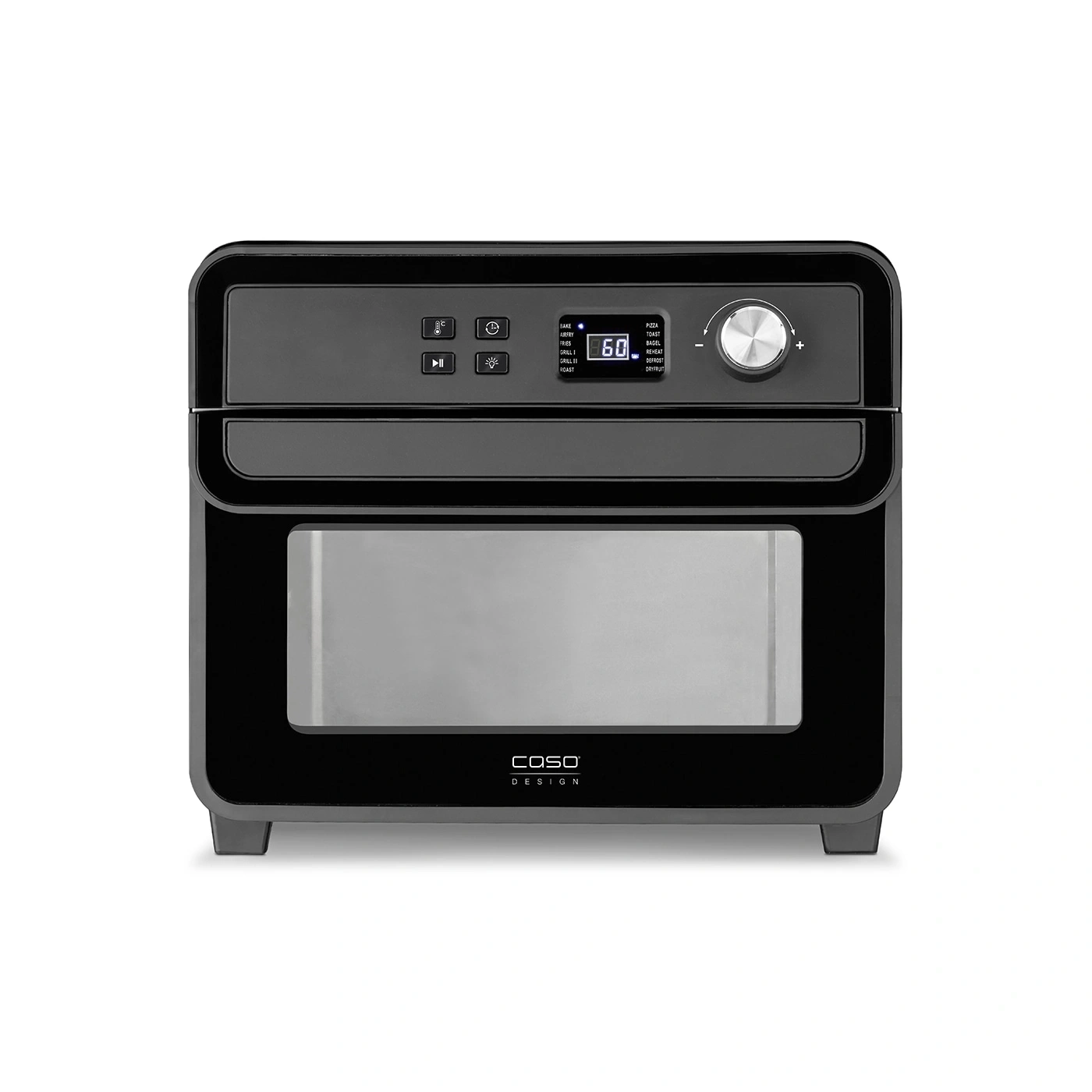 Black oven with control panel, display, and knob for various cooking functions and settings.