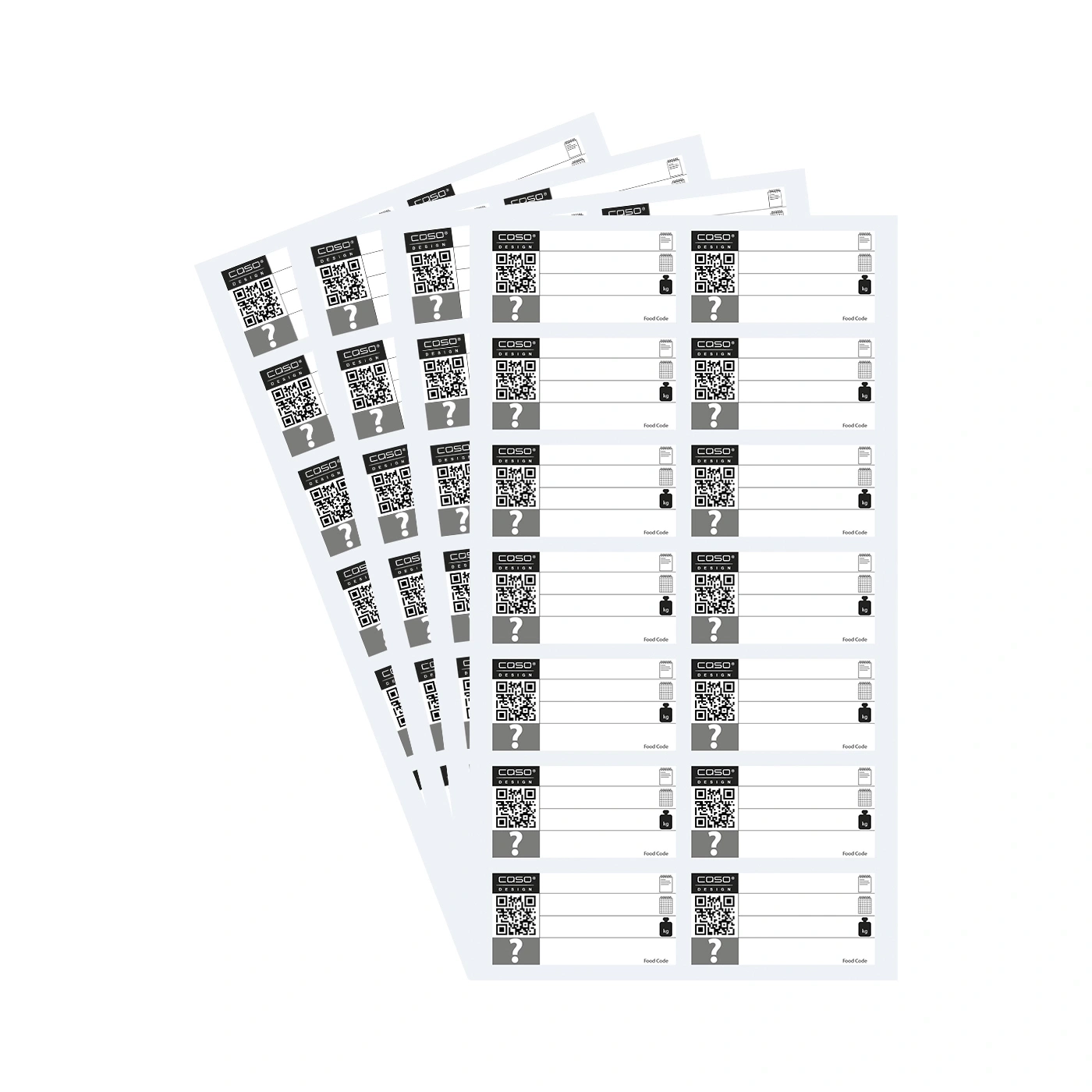 Labels with QR codes and question marks for food labeling and tracking.
