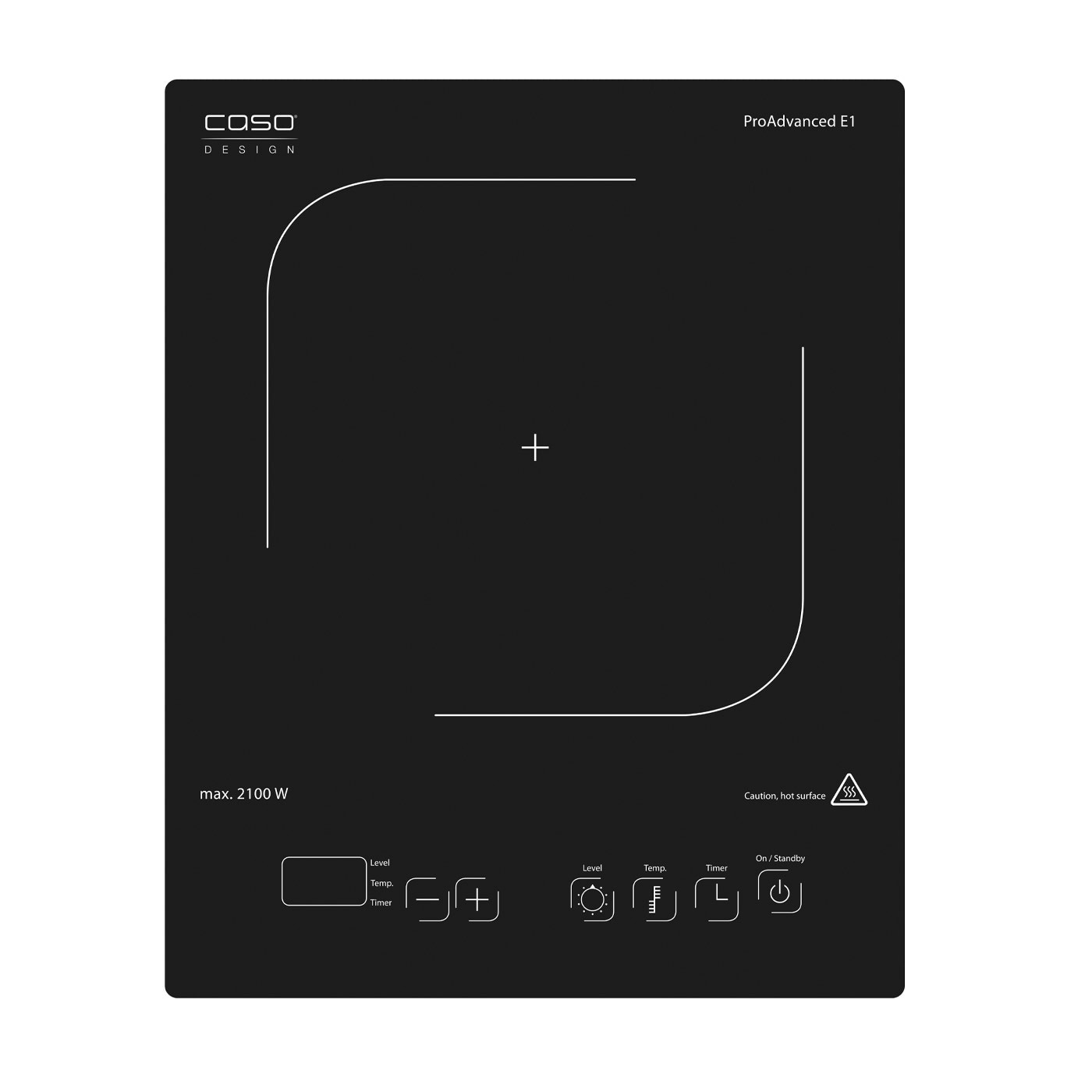 Plaque de cuisson à induction noire avec commandes, signe d'avertissement et logo.