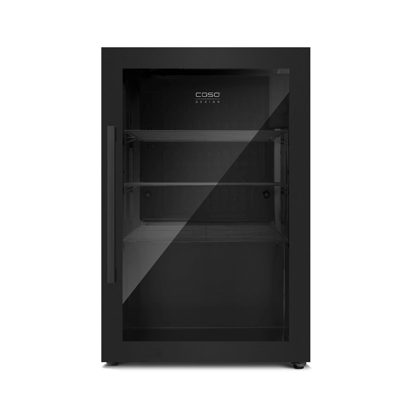 Schwarzer Weinkühlschrank mit Glasfront und Regalen, Caso Design Logo.