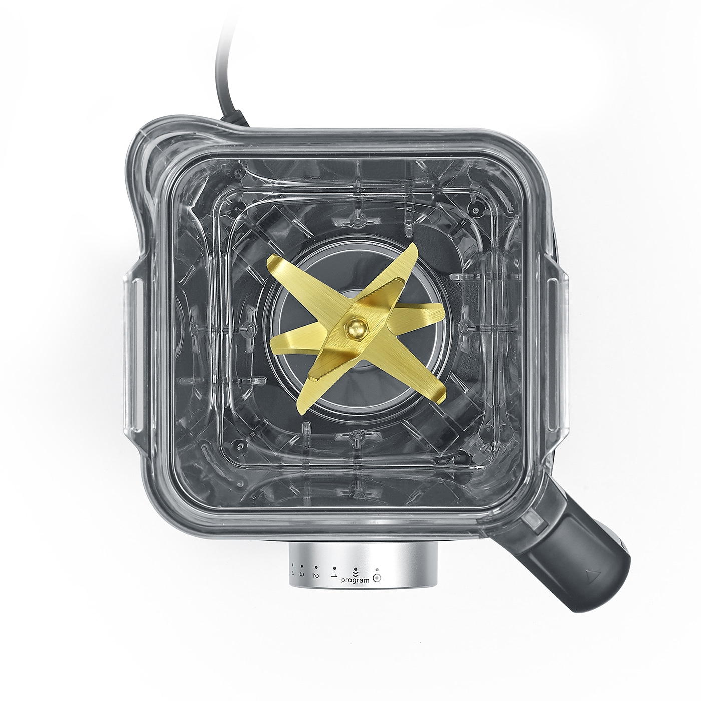 Draufsicht auf einen transparenten Mixer mit goldenen Klingen und Programmauswahl.