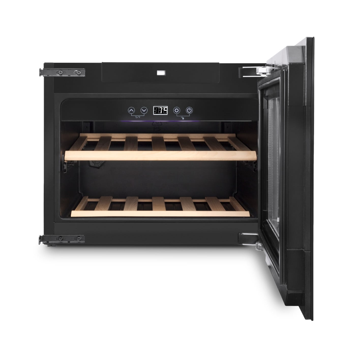 Wine cooler with open door, wooden shelves, temperature display, black, isolated