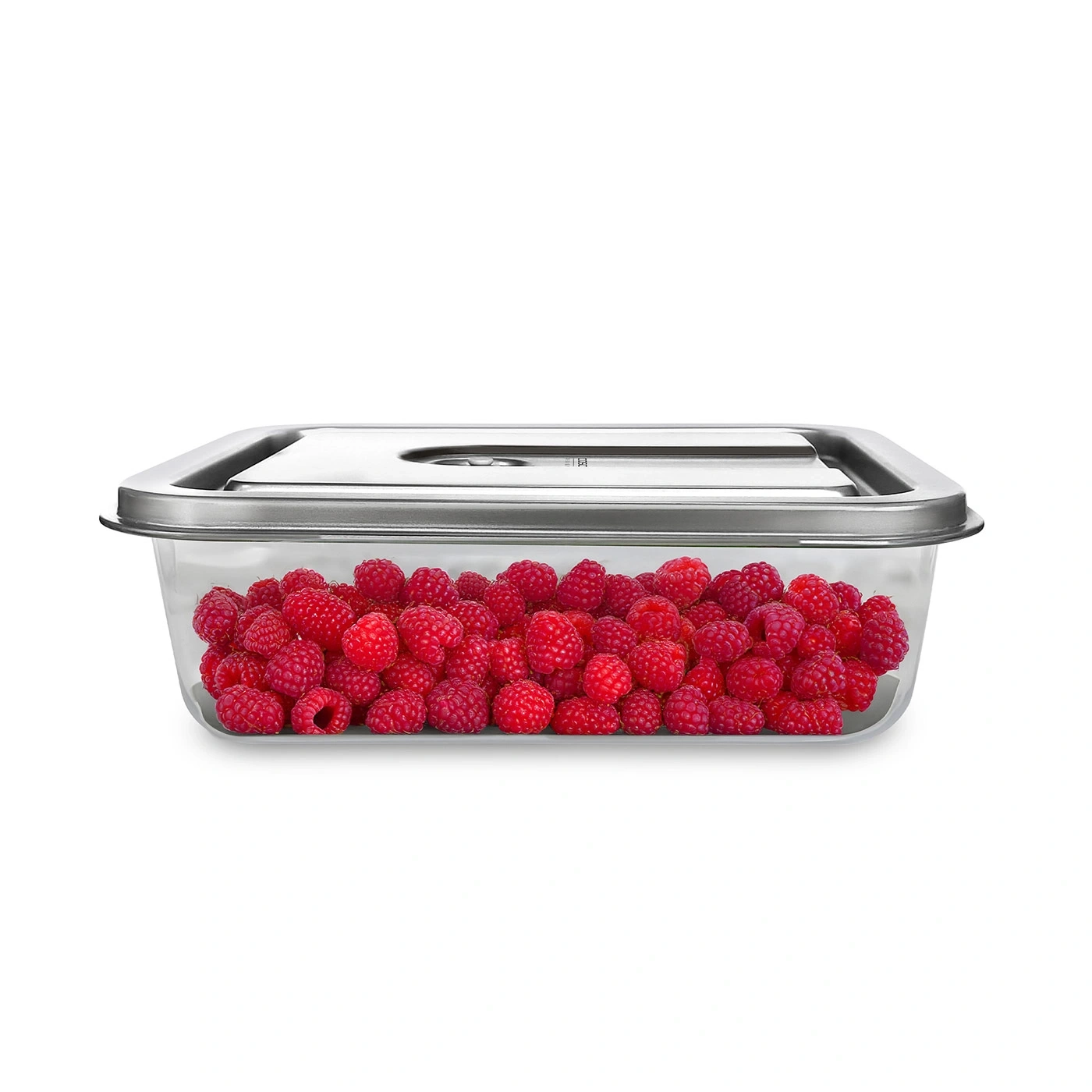 Close-up of raspberries in a clear container with a lid, food storage